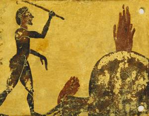 Ancient Greek pottery art showing a figure tending to an early wood-fired oven with flames rising from the top.