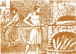 Ancient Egyptian illustration of two bakers preparing bread in a traditional bakery with a wood-fired oven.